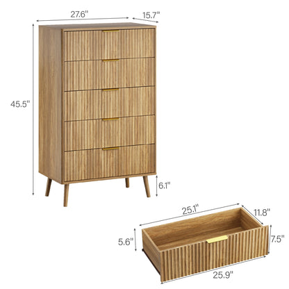 YouTrend 5 Drawer Dresser for Bedroom,Tall Dresser with Metal Handle,Fluted Dresser Modern Storage Cabinet for Home Office Living Room,White