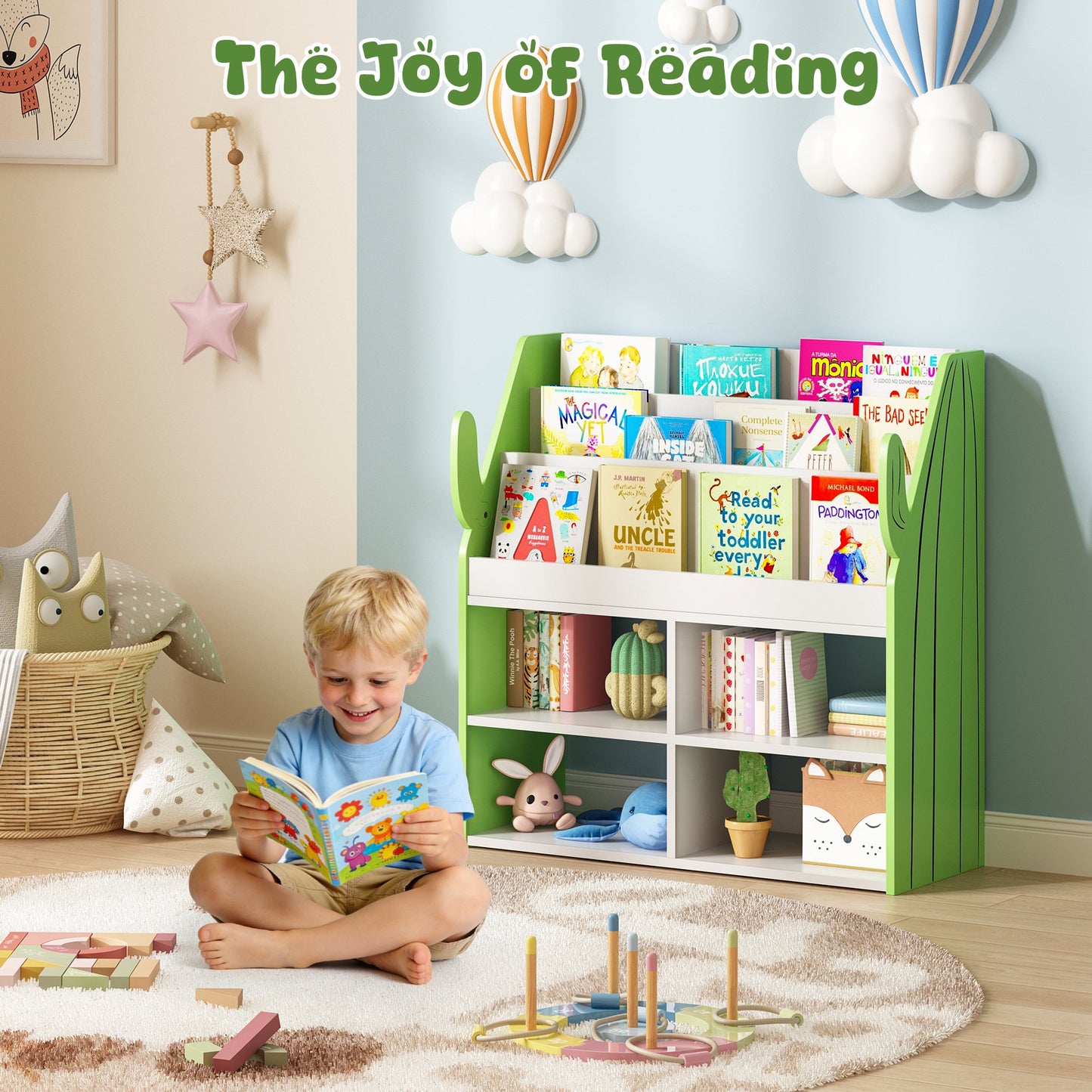 ASTUVIA 3 Tier Kids Bookshelf with Storage,Toy Storage Organizer with Cactus Appearance, Kids Bookcase and Bookshelf with 4 Storage, Green