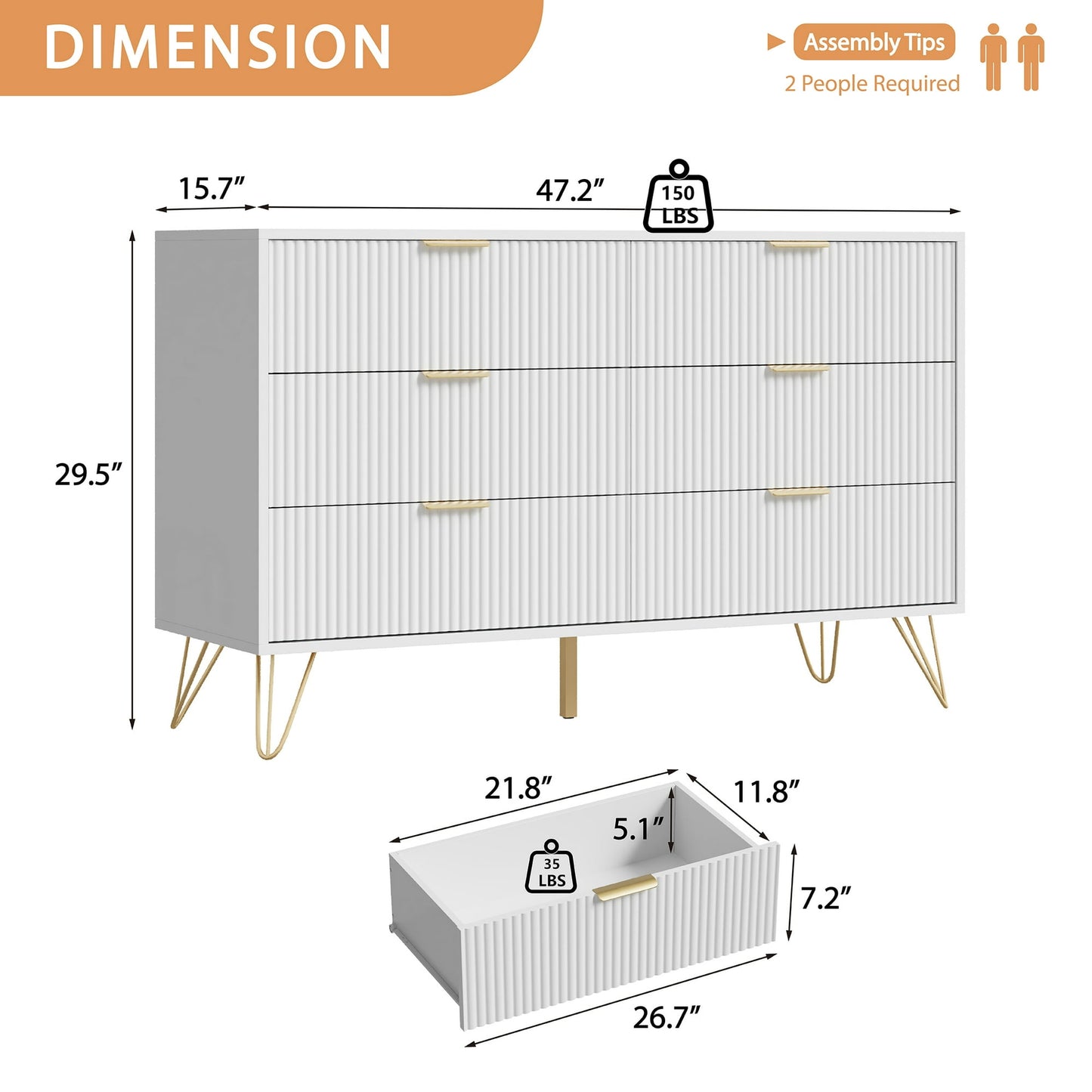 YouTrend White 6 Drawer Dresser with Fluted Wood and Metal Handles Legs for Bedroom Living Room Hallway