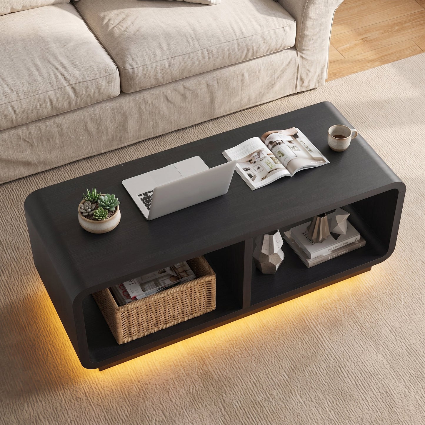 ASTUVIA Coffee Table with LED Lights, 47.2" W TV Stand Center Table with 2-Tiers for Living Room