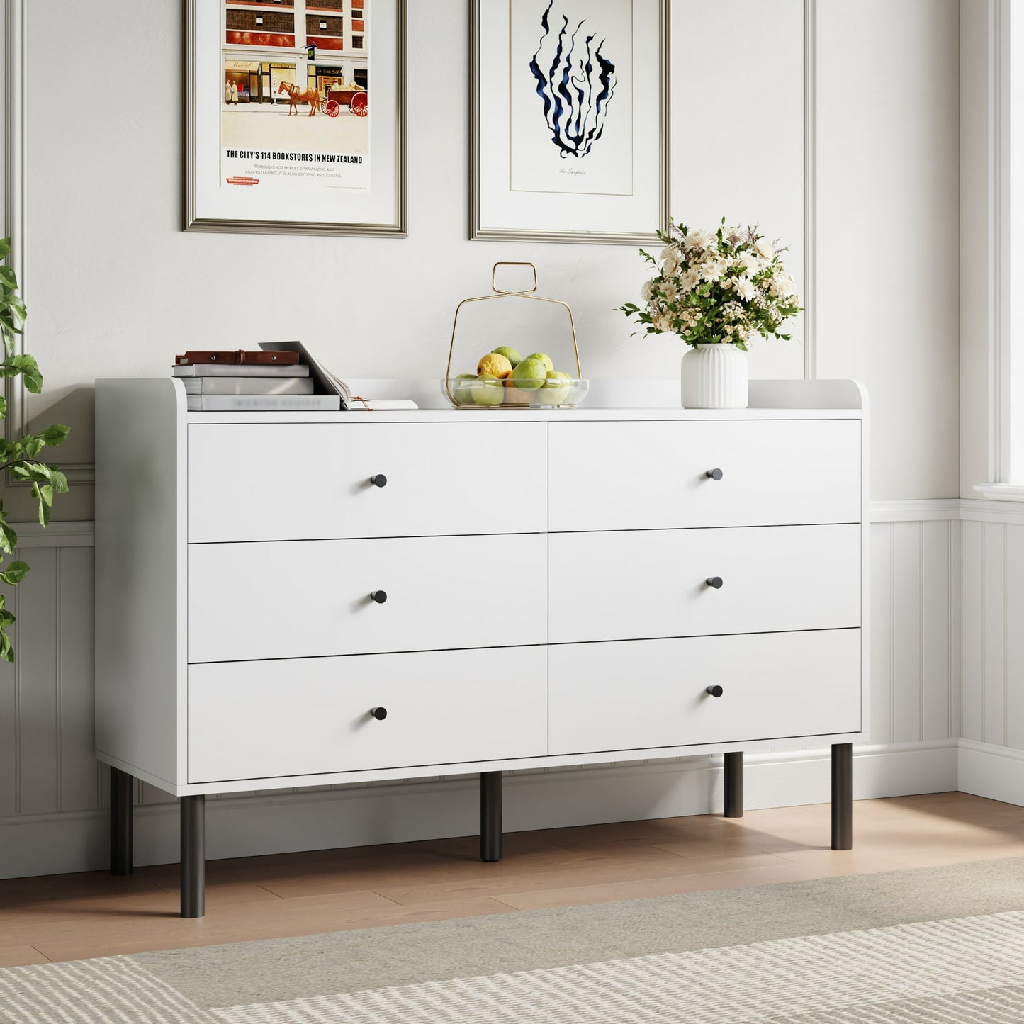 YouTrend 6 Drawer Wood Dresser Modern Storage Cabinet Sideboard Adult for Bedroom Living Room Hallway Home,White