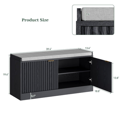 ASTUVIA Fluted Shoe Bench with Cushion, 2-Tier Shoe Storage Bench with Adjustable Shelves, Shoe Cabinet with Bench for Hallway