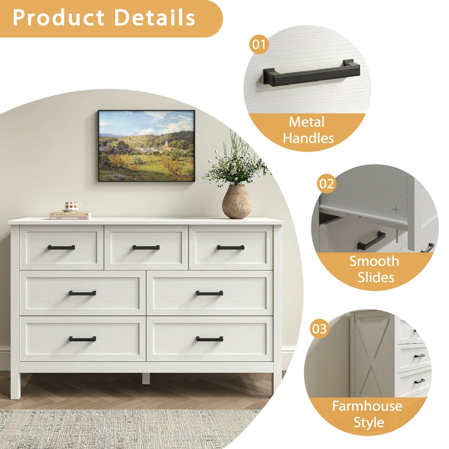 YouTrend 7 Drawer Farmhouse Dresser,Wood Adult Rustic Chest of Drawer with Metal Handles for Bedroom Living Room Hallway,Burlywood & White