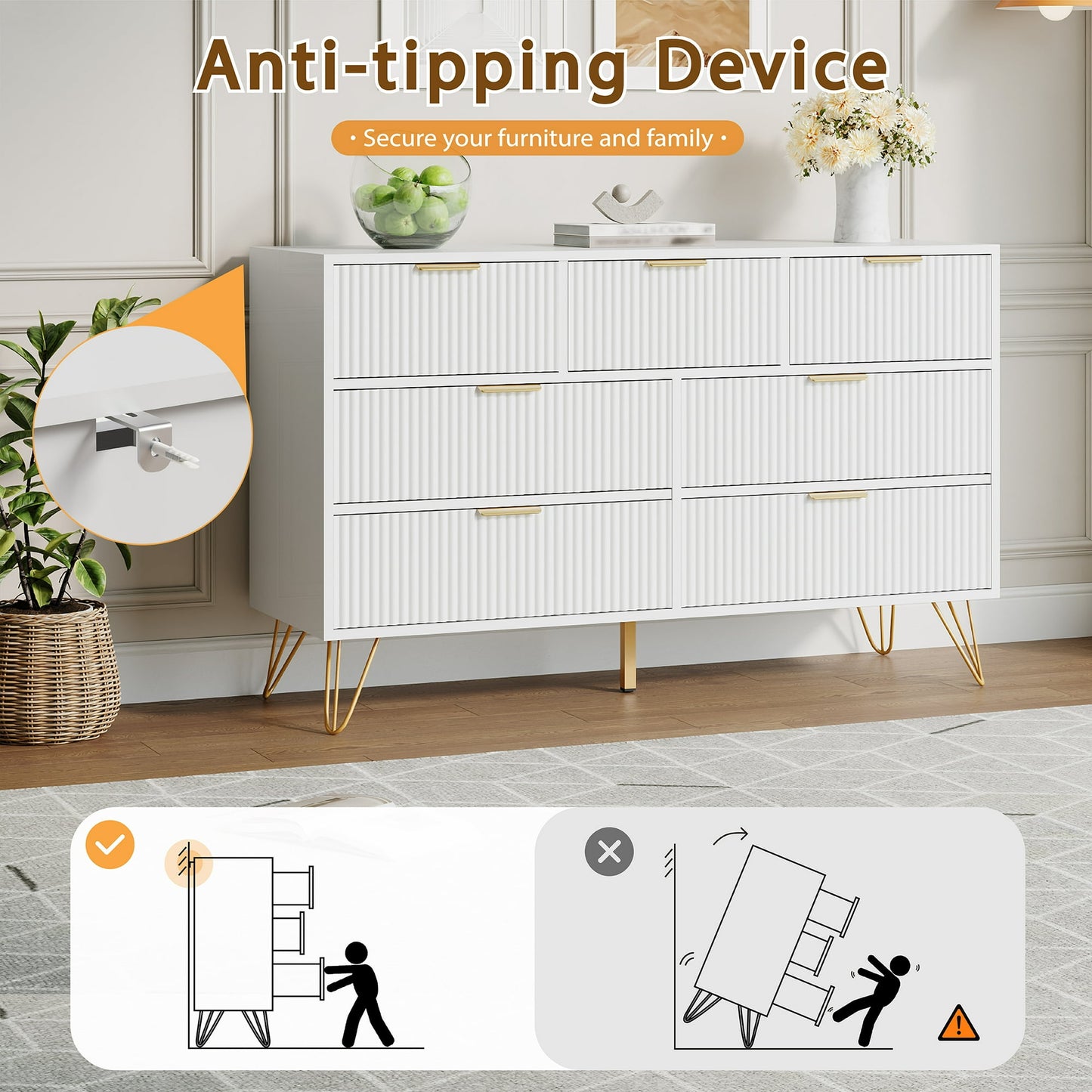 YouTrend White 7 Drawer Dresser with Fluted Wood and Metal Handles Legs for Bedroom Living Room Hallway