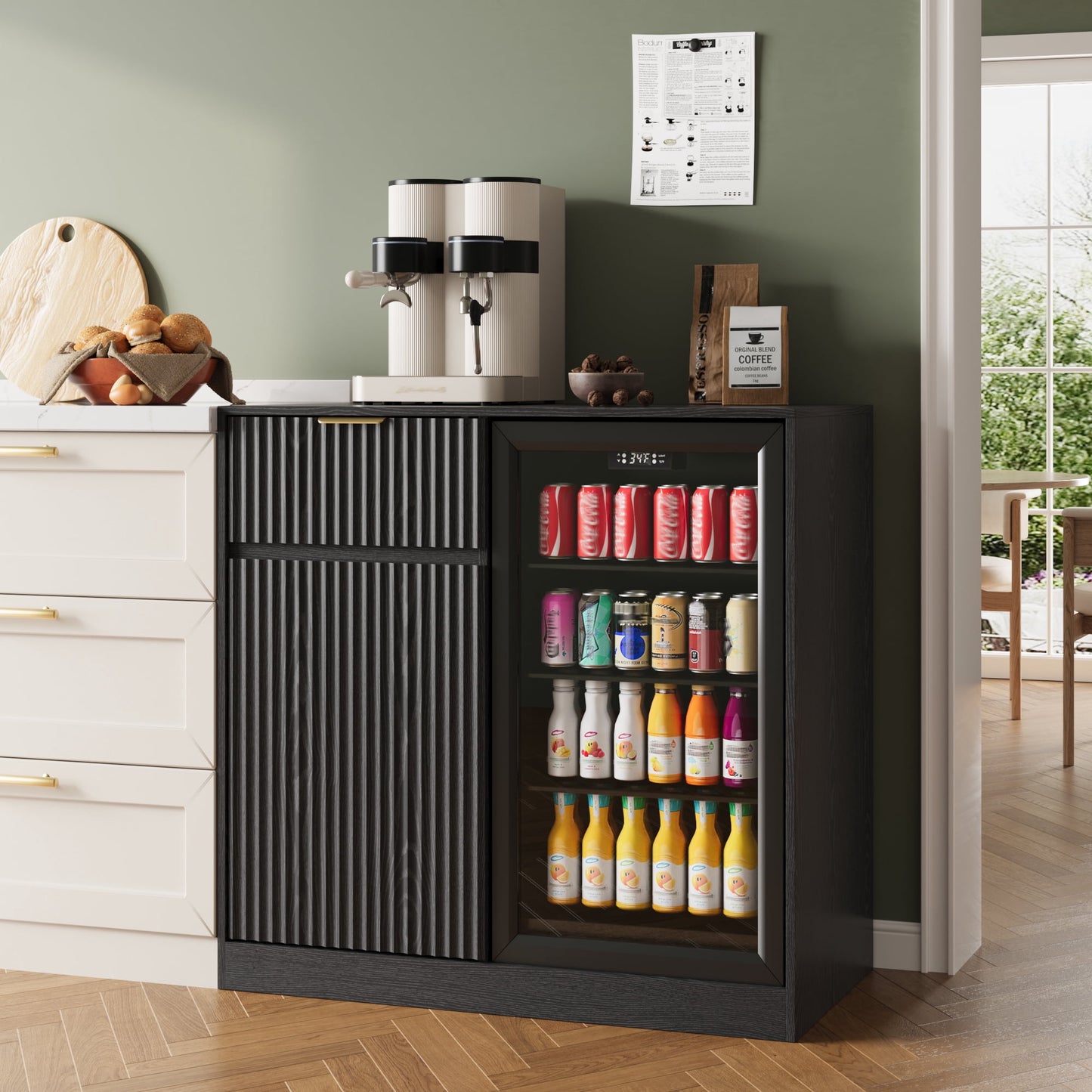 ASTUVIA Mini Fridge Cabinet with Power Outlet,Fluted Coffee Bar Cabinet with Mini Fridge Space,Buffet Sideboard with Drawers,Natural