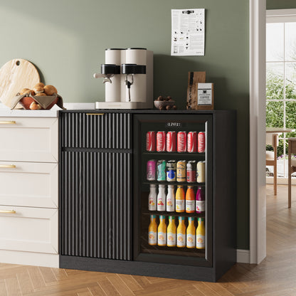 ASTUVIA Mini Fridge Cabinet with Power Outlet,Fluted Coffee Bar Cabinet with Mini Fridge Space,Buffet Sideboard with Drawers,Natural