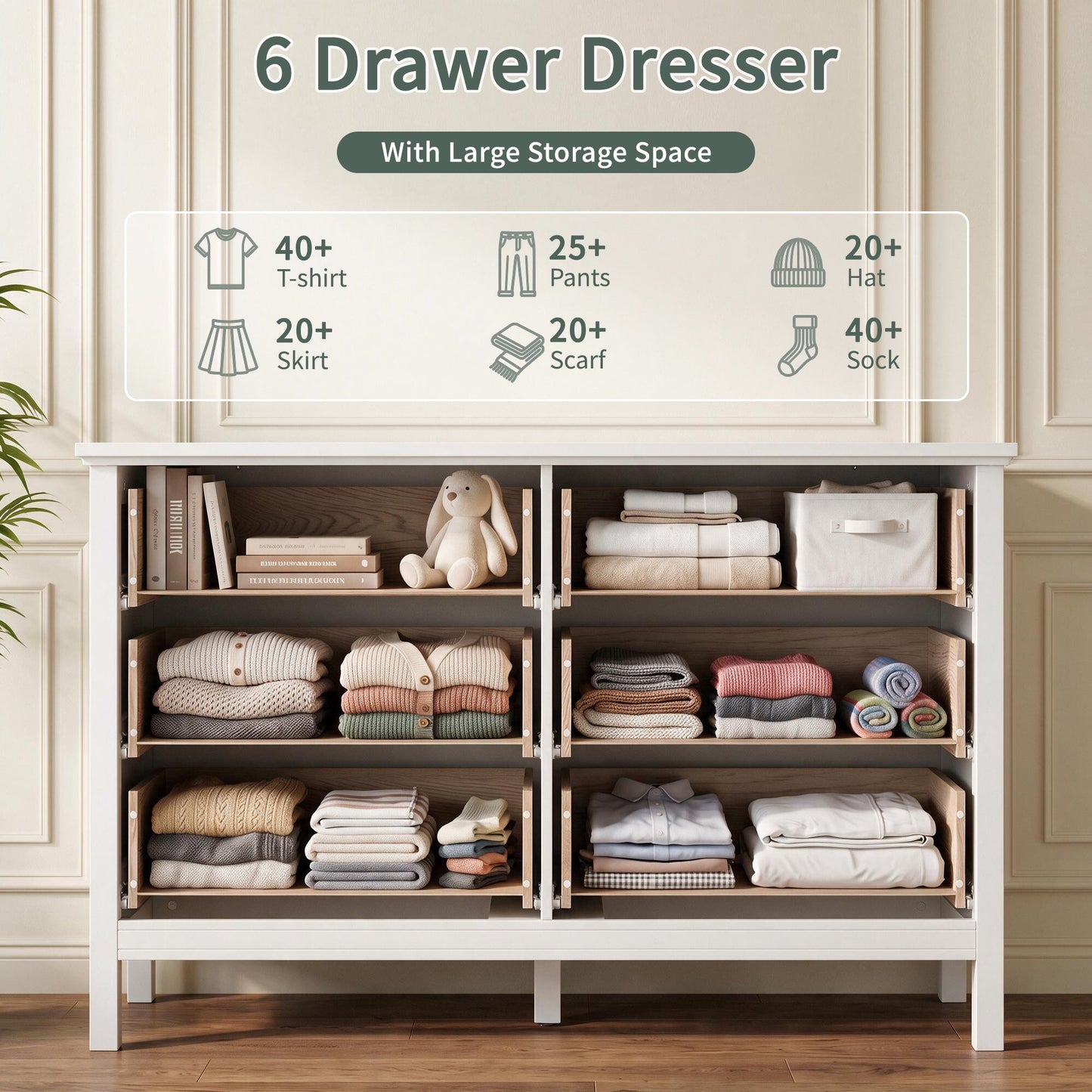 ASTUVIA White Dresser for Adult,6 Drawer Dresser for bedroom,Modern Wood Storage for Living Room