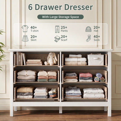 ASTUVIA White Dresser for Adult,6 Drawer Dresser for bedroom,Modern Wood Storage for Living Room