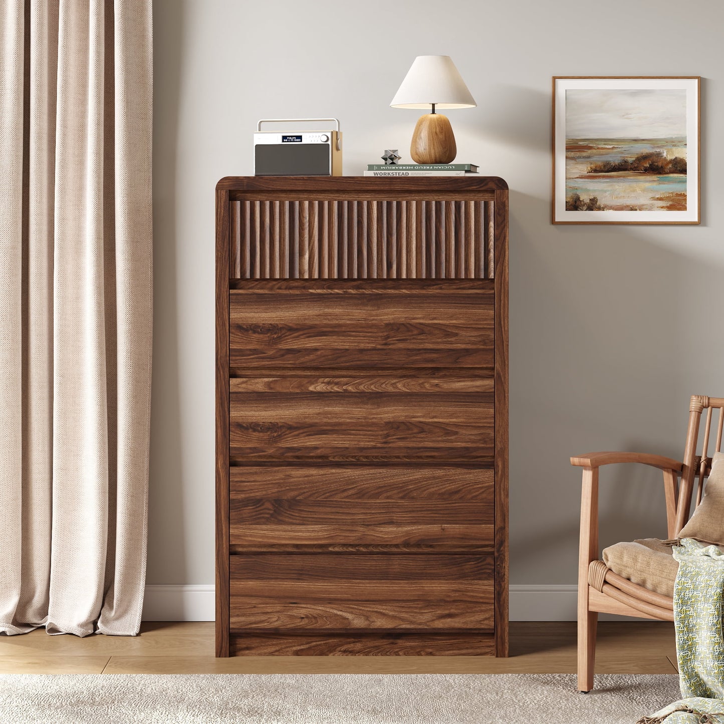 ASTUVIA 9 Fluted Drawers Dresser for Bedroom, 49.2" W Modern Chest of Drawers with Curved Profile Design, Mid Century Storage Dressers Organizer,Brown