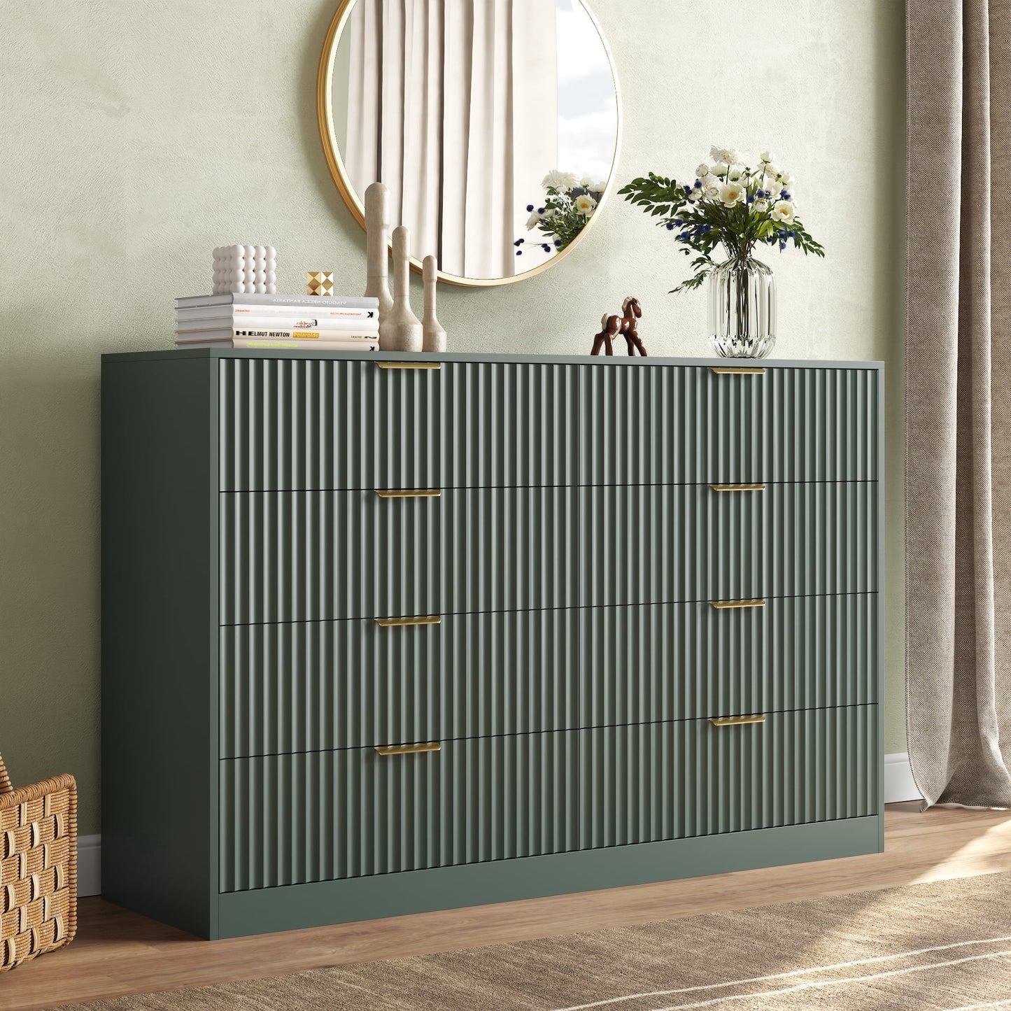 ASTUVIA 55.1" W Fluted 6 Drawer Dresser for Adult,Wooden Bedroom Dresser,Dresser TV Stand up to 65" for Living Room,Brown