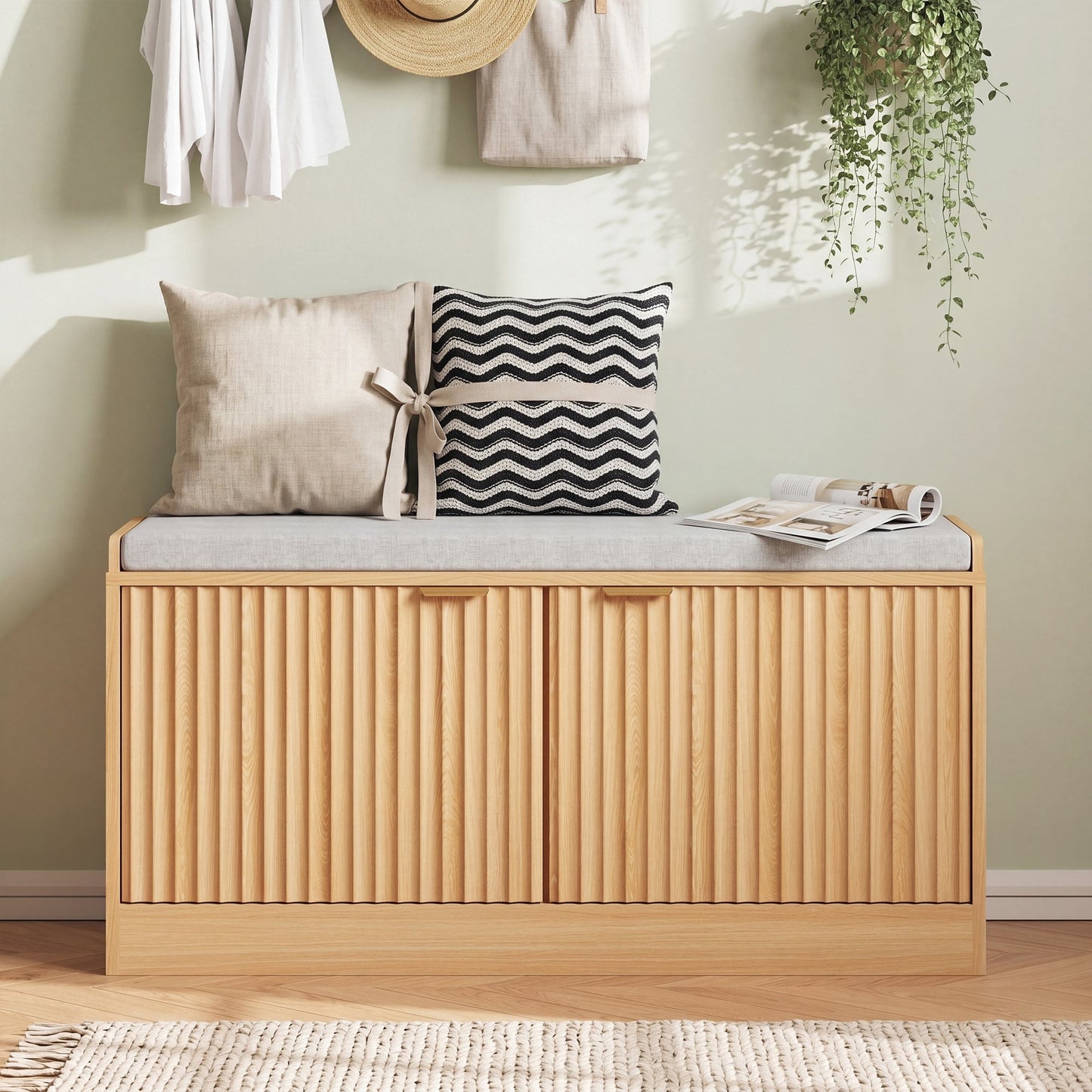 ASTUVIA Fluted Shoe Bench with Cushion, 2-Tier Shoe Storage Bench with Adjustable Shelves, Shoe Cabinet with Bench for Hallway