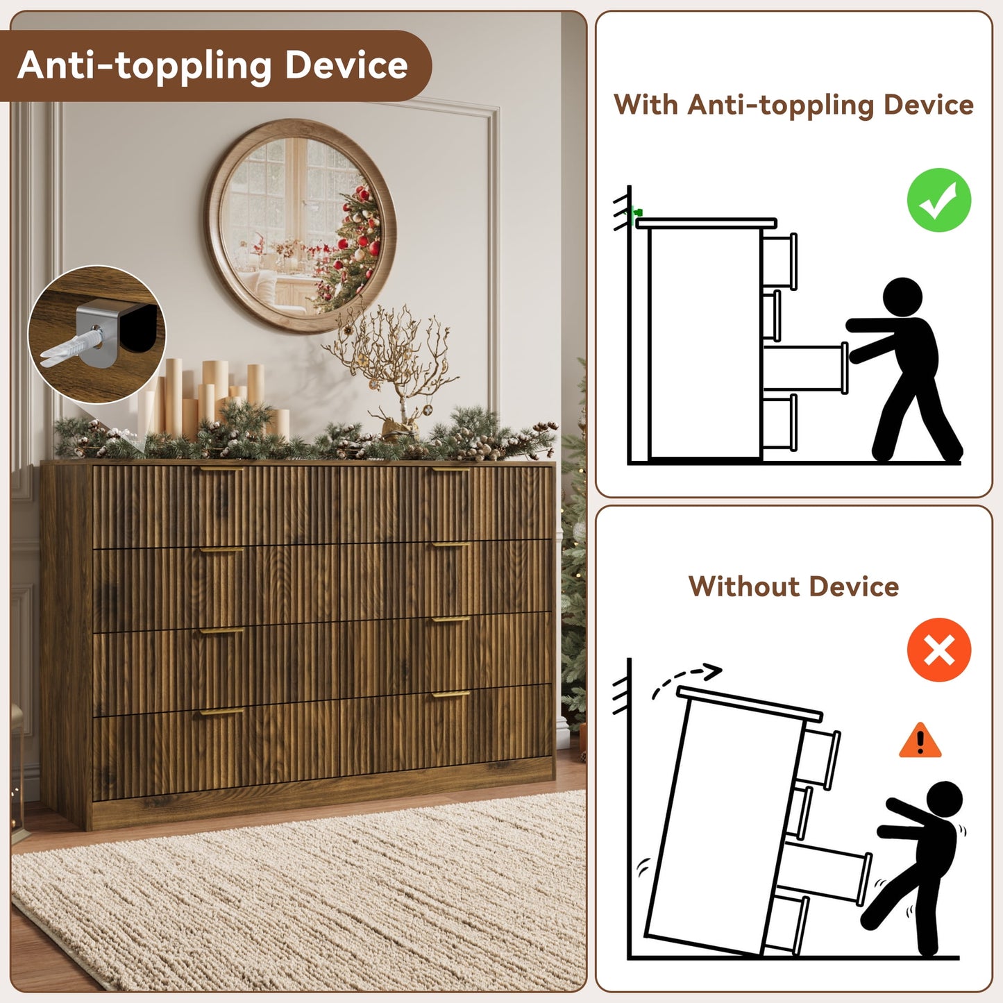 8 Drawer Dresser with for Bedroom,Modern Fluted Wood Chest of Drawer with Golden Embedded Handles for Living Room,Hallway