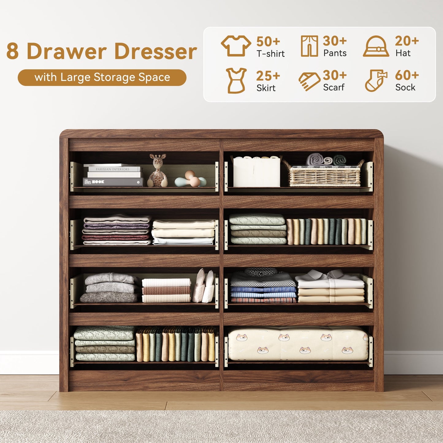 ASTUVIA 9 Fluted Drawers Dresser for Bedroom, 49.2" W Modern Chest of Drawers with Curved Profile Design, Mid Century Storage Dressers Organizer,Brown