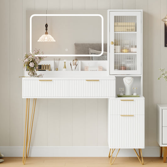 White Vanity Desk Set with Mirror and Lights, Modern Makeup Desk with 4 Drawers,1 Doors & 3 Storage Compartments for Bedroom