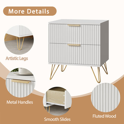 Set of 2 Nightstand with 2 Drawers,Fluted Wood Bedside Tables End Table for Bedroom Living Room