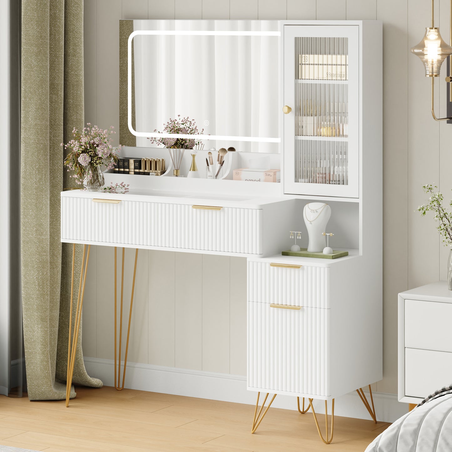 White Vanity Desk Set with Mirror and Lights, Modern Makeup Desk with 4 Drawers,1 Doors & 3 Storage Compartments for Bedroom