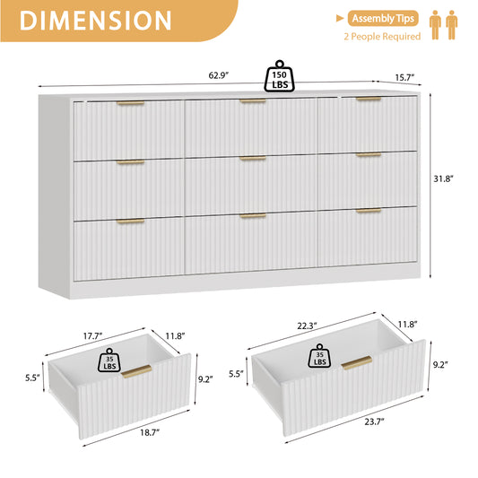 9 Drawer Dresser with for Bedroom,Modern Fluted Wood Chest of Drawer with Golden Embedded Handles for Living Room,Hallway