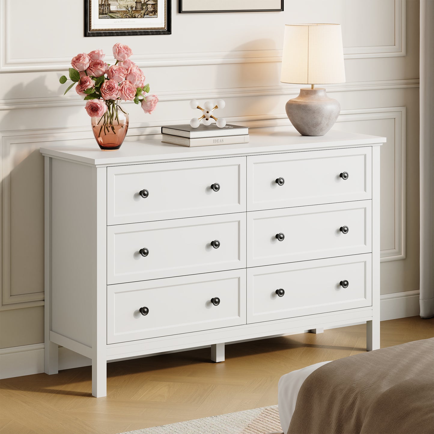 Dresser with 6 Drawer for Bedroom,Traditional Adult Chest of Drawers with Golden Handles for Living Room,Hallway,Nursery