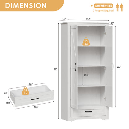 69" Tall Kitchen Pantry,Farmhouse Storage Cabinet with 2 Barn Doors 4 Adjustable Shelves and Large Drawer for Dining Room,Living Room,Bathroom