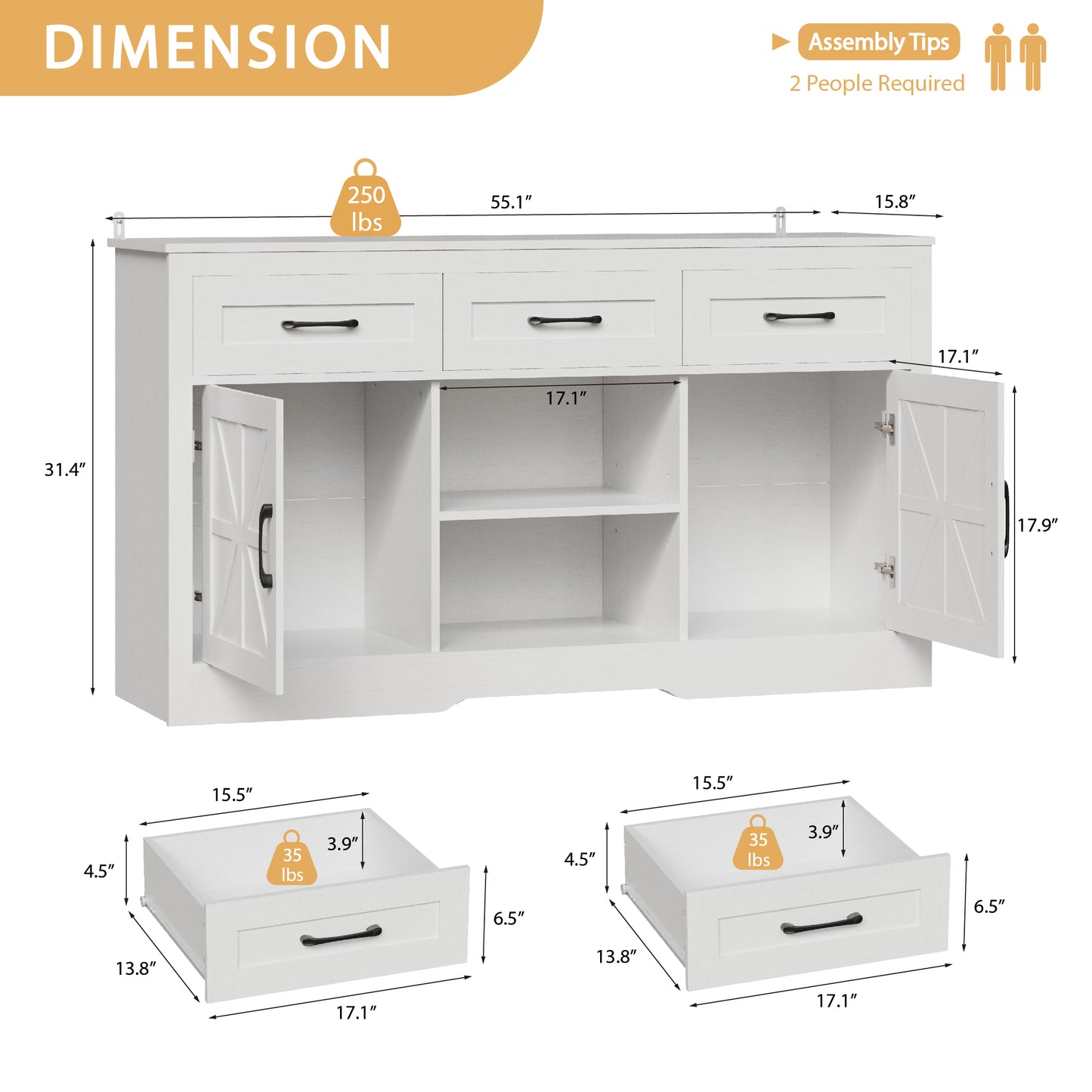 55" Farmhouse Coffee Bar Cabinet,White Wood Kitchen Sideboard W/  3 Drawers 2 Shelves for Living Room,Dining Room