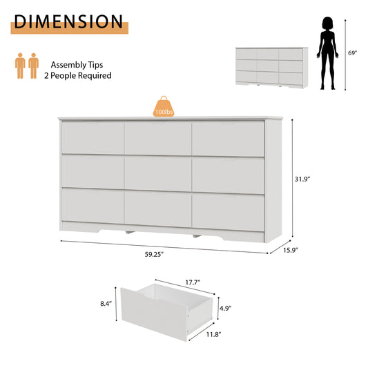 9 Drawer Dresser W/ Hidden Handles,Modern Adult Wood Dresser for Bedroom, Living Room, Hallway