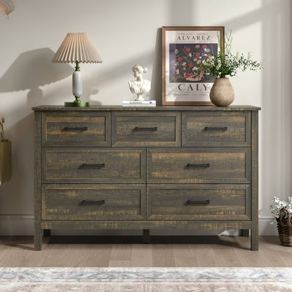 YouTrend 7 Drawer Farmhouse Dresser,Wood Adult Rustic Chest of Drawer with Metal Handles for Bedroom Living Room Hallway,Burlywood & White