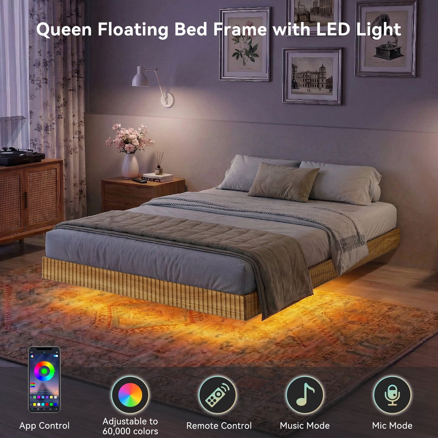 YouTrend King Bed Frame with RGB LED Lights,Floating Bed with Fluted Design;Heavy Duty Steel, Modern Metal Bed Frame,Walnut