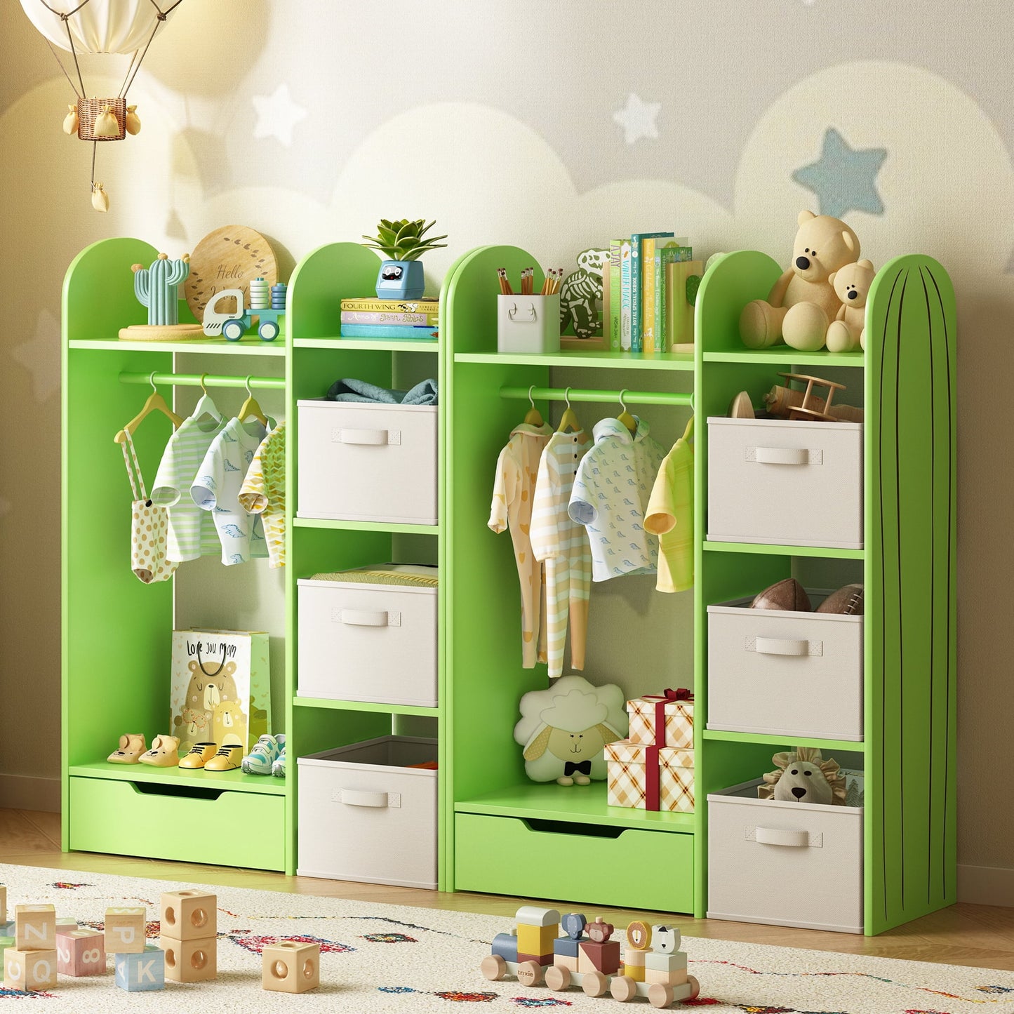 ASTUVIA Kids Clothing Rack with Drawers, Kids Dress Up Storage for Coats, Wood Closet with Fabric Drawers for Bedroom Playroom,Green