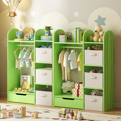 ASTUVIA Kids Clothing Rack with Drawers, Kids Dress Up Storage for Coats, Wood Closet with Fabric Drawers for Bedroom Playroom,Green