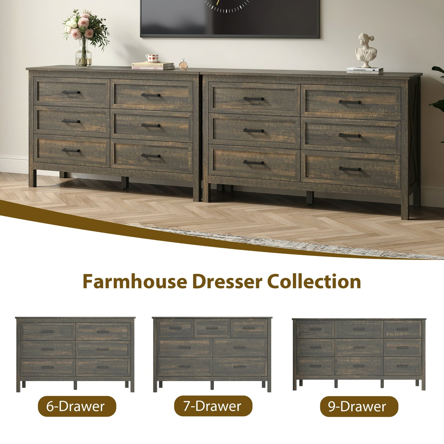 YouTrend 6 Drawer Farmhouse Dresser,Wood Adult Rustic Chest of Drawer with Metal Handles for Bedroom Living Room Hallway,Burlywood & White