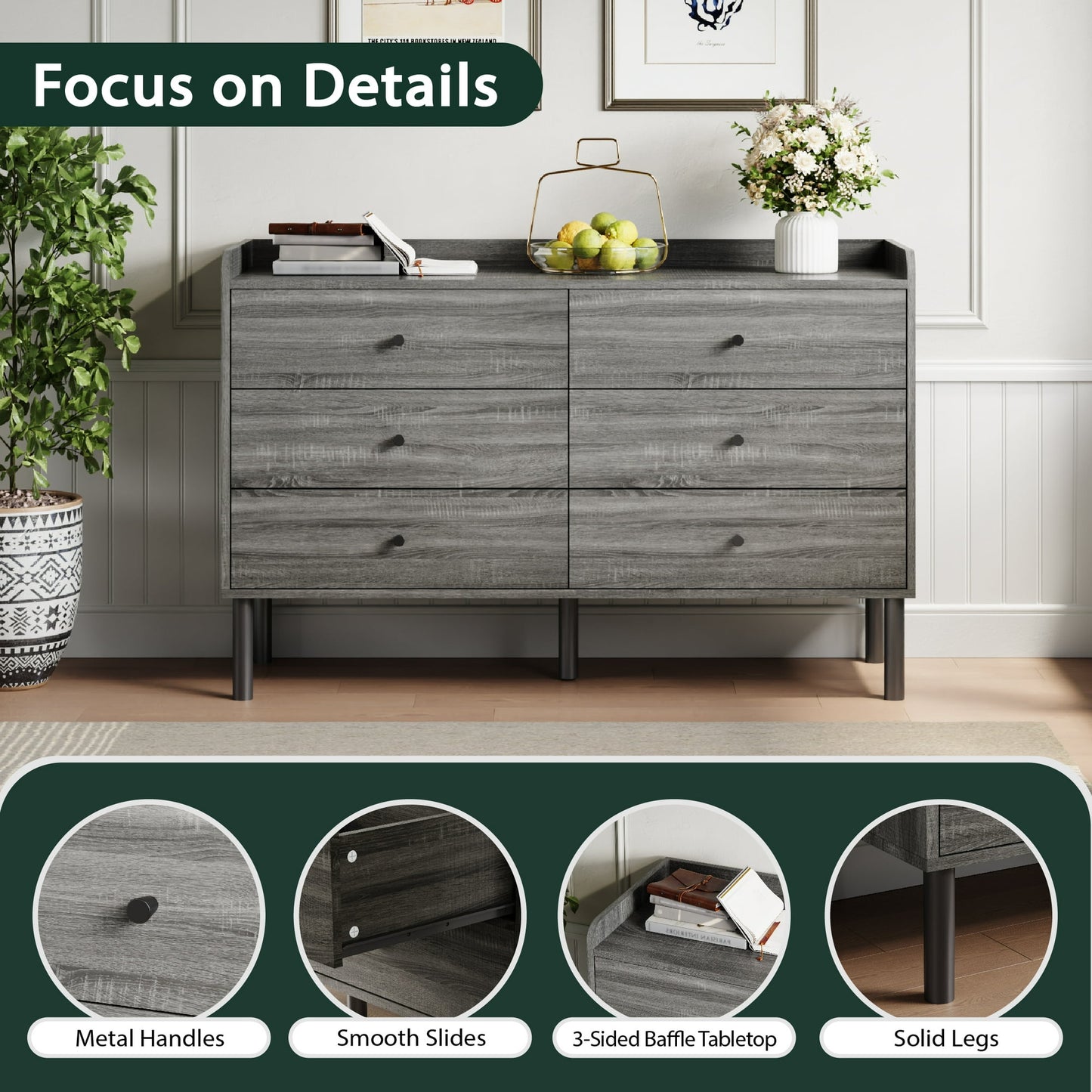 YouTrend 6 Drawer Wood Dresser Modern Storage Cabinet Sideboard Adult for Bedroom Living Room Hallway Home,White