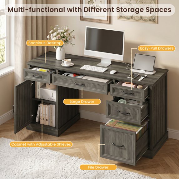 ASTUVIA Farmhouse 58" Computer Desk with Drawers,Wood Home Office Desk with Storage,Gaming Desk with Storage Shelves