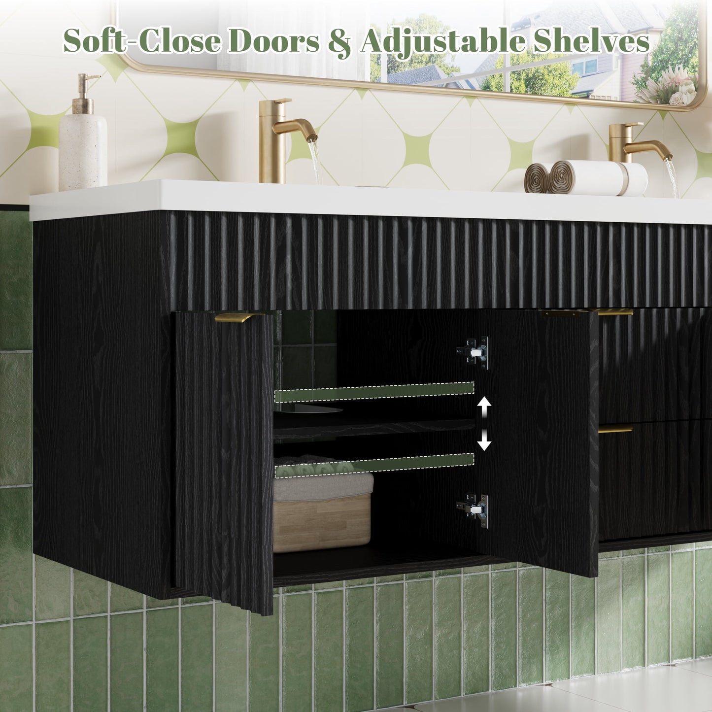 ASTUVIA 60" Fluted Bathroom Vanity Cabinet with 2 Drawers,Bathroom Vanity with Sink and 4 Soft-Close Doors,Floating Bathroom Sink Cabinet,Brown