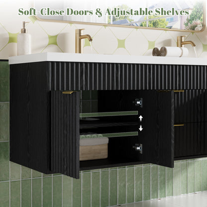 ASTUVIA 60" Fluted Bathroom Vanity Cabinet with 2 Drawers,Bathroom Vanity with Sink and 4 Soft-Close Doors,Floating Bathroom Sink Cabinet,Brown