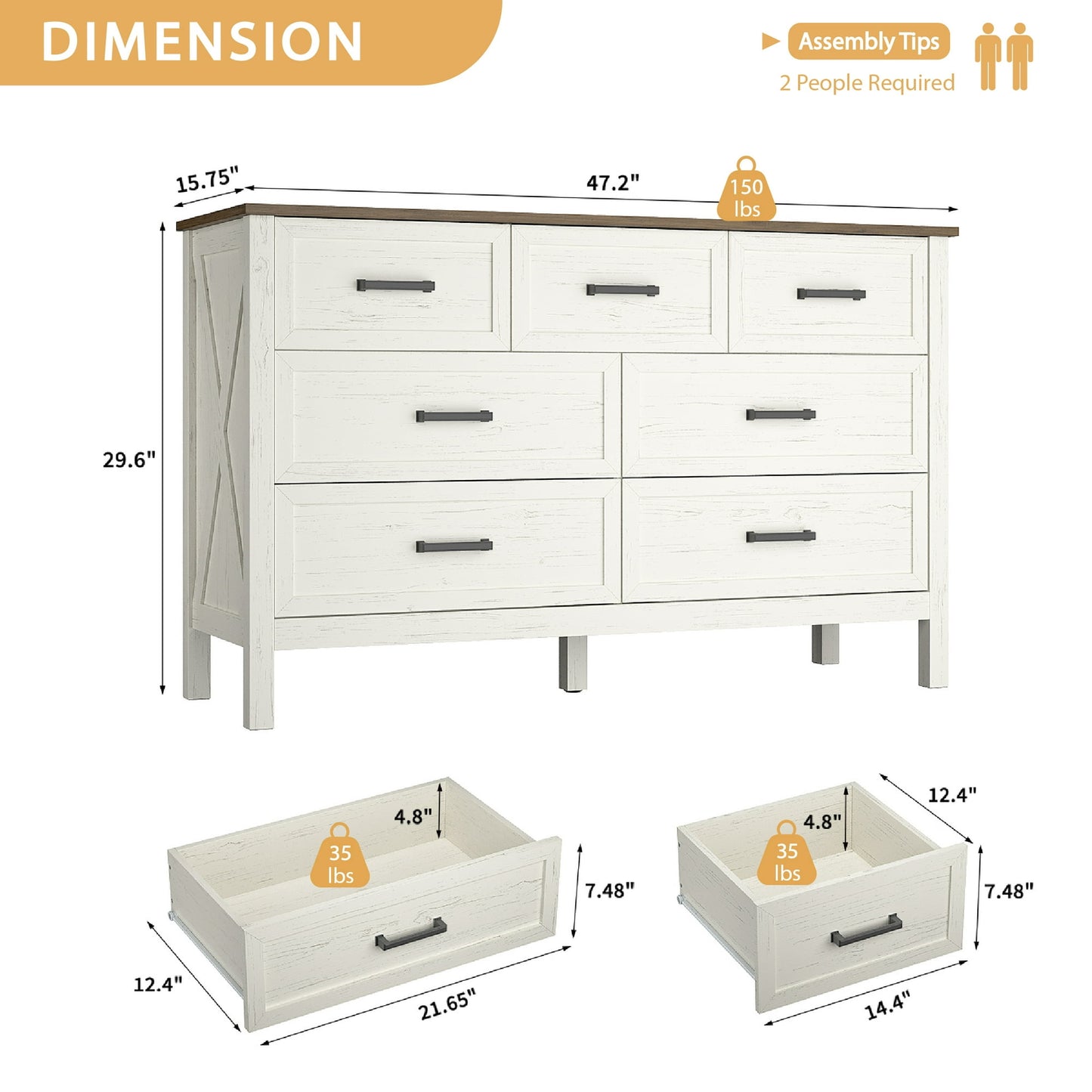 YouTrend 7 Drawer Farmhouse Dresser,Wood Adult Rustic Chest of Drawer with Metal Handles for Bedroom Living Room Hallway,Burlywood & White