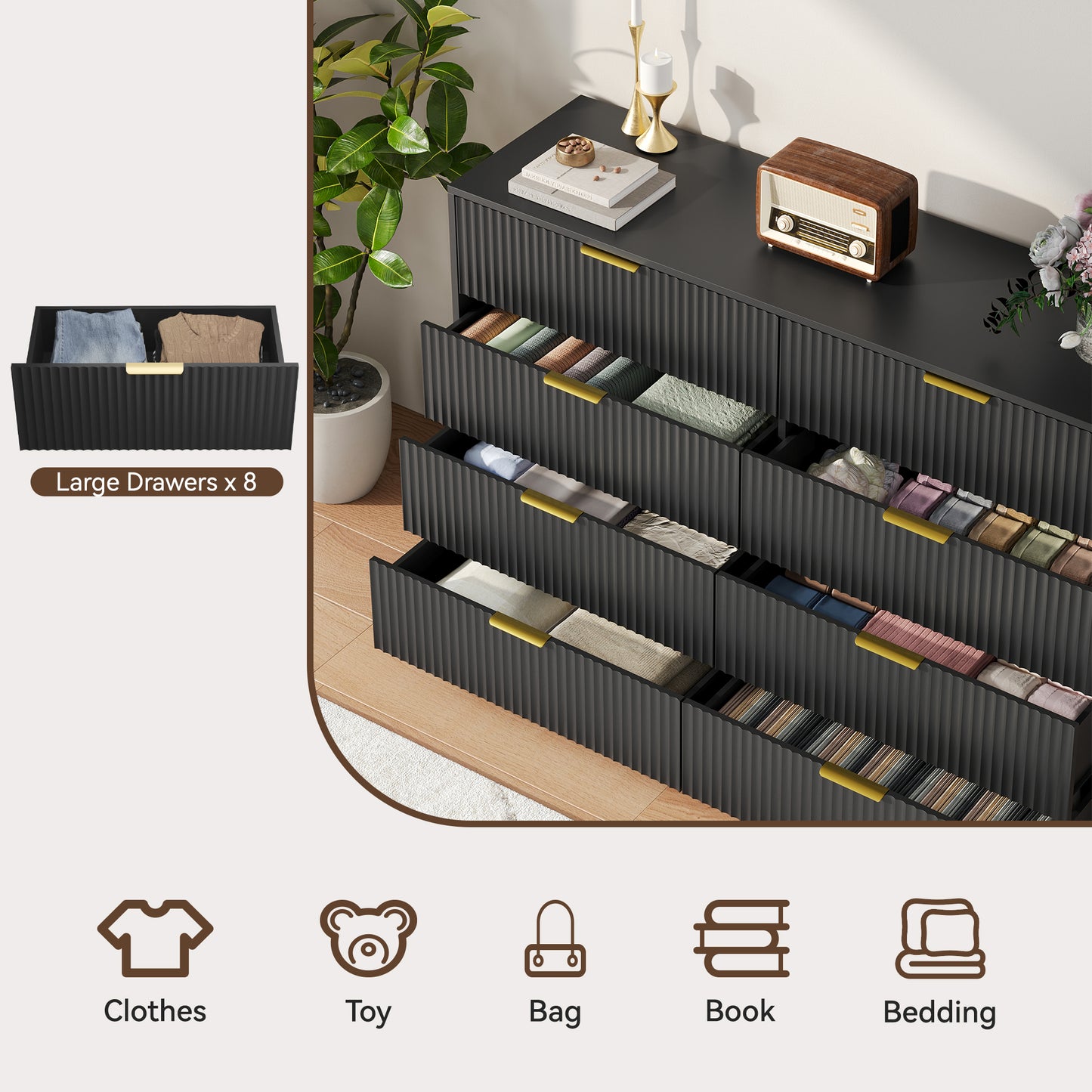 YouTrend 7 Drawer Dresser and Nightstand Sets for Bedroom,3 Piece Bedroom Dresser Set,Fluted Dressers and Nightstands, Modern Bedroom Set