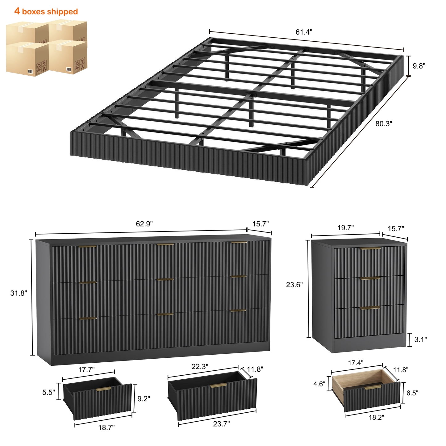 ASTUVIA 4-Piece Bedroom Set for Adult, Fluted Queen Floating LED Bed Frame with 2 Nightstands and Fluted Drawer Dressers