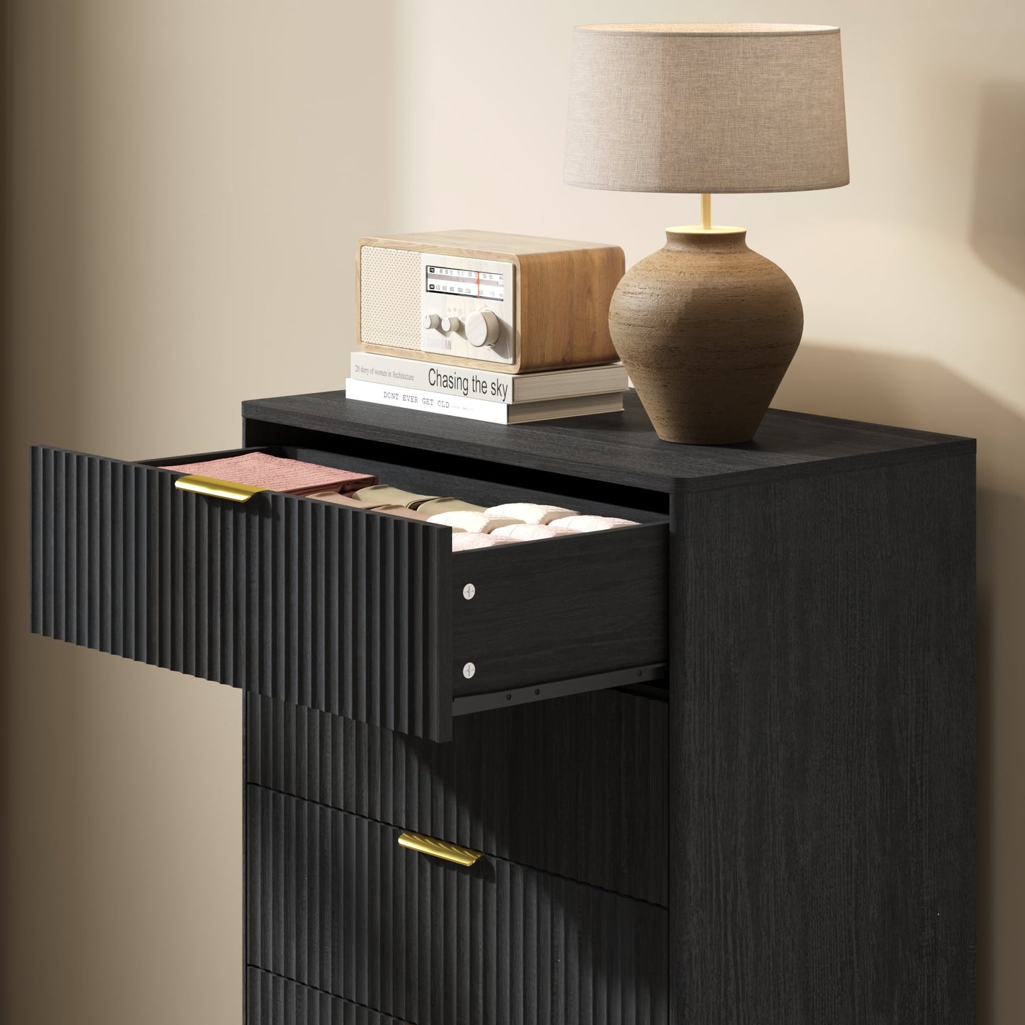 YouTrend 5 Drawer Dresser for Bedroom,Tall Dresser with Metal Handle,Fluted Dresser Modern Storage Cabinet for Home Office Living Room,White