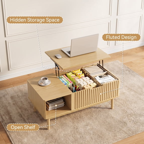 YouTrend Fluted Lift Top Coffee Table with Storage, 39.4" Width Rising Coffee Tables with Hidden Compartment, Wood Center Table for Living Room Office