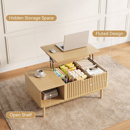 YouTrend Fluted Lift Top Coffee Table with Storage, 39.4" Width Rising Coffee Tables with Hidden Compartment, Wood Center Table for Living Room Office