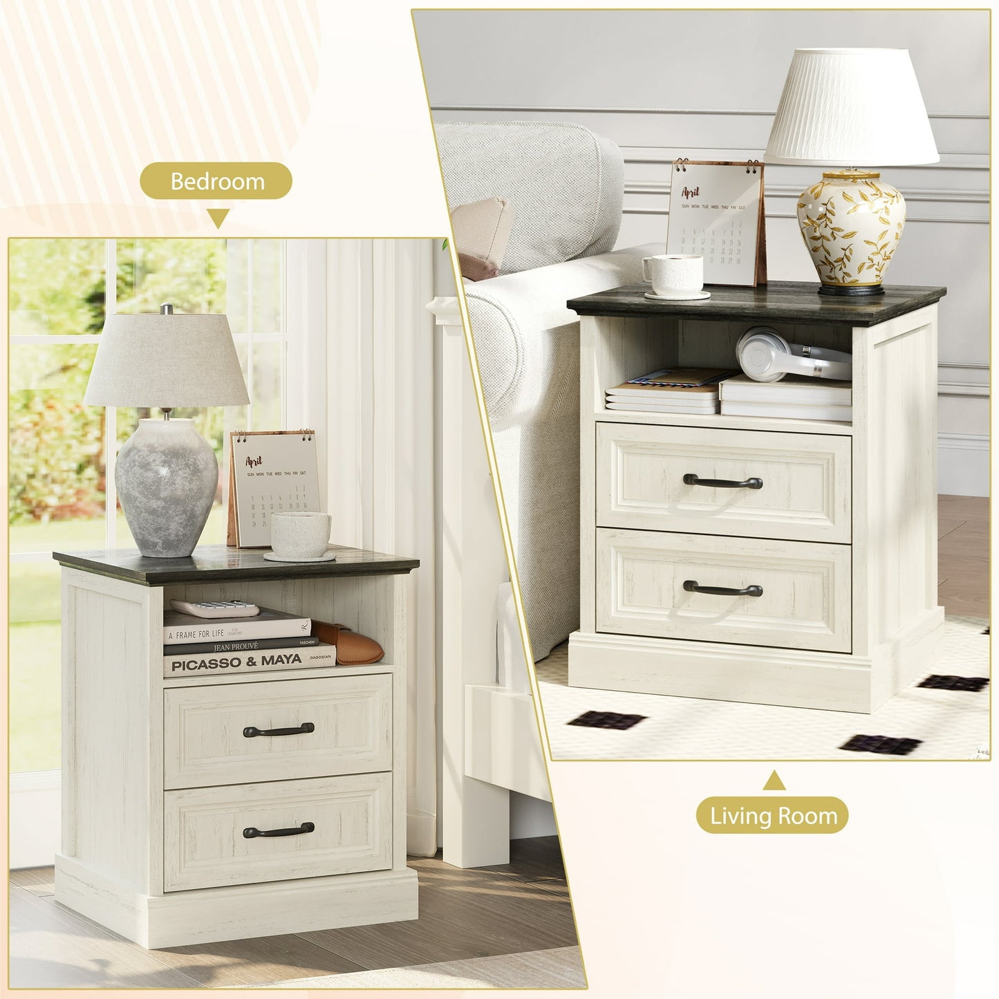 YouTrend Farmhouse Nightstand with 2 Drawers & Open Shelf End Table Bedside Tables for Bedroom Living Room,White