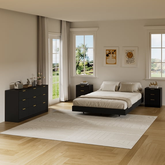 ASTUVIA 4-Piece Bedroom Set for Adult, Fluted Queen Floating LED Bed Frame with 2 Nightstands and Fluted Drawer Dressers