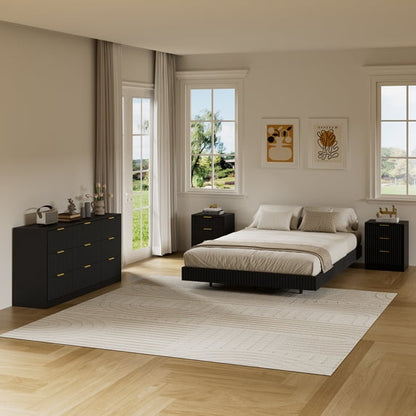 ASTUVIA 4-Piece Bedroom Set for Adult, Fluted Queen Floating LED Bed Frame with 2 Nightstands and Fluted Drawer Dressers