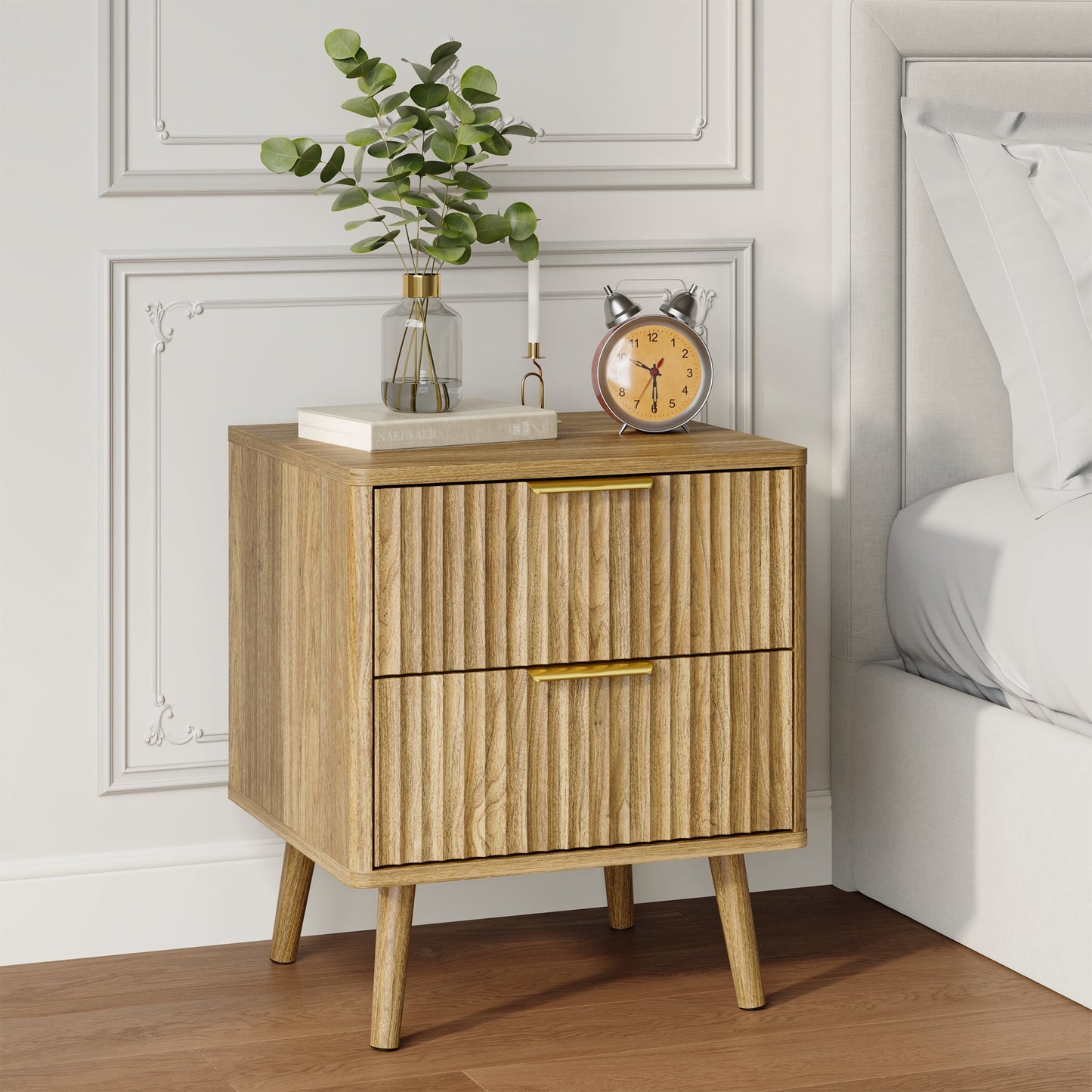 YouTrend Nightstands Set of 2 with Open Shelf,Beside Table with Fluted Design ,End Table with Solid Wood Legs for bedroom