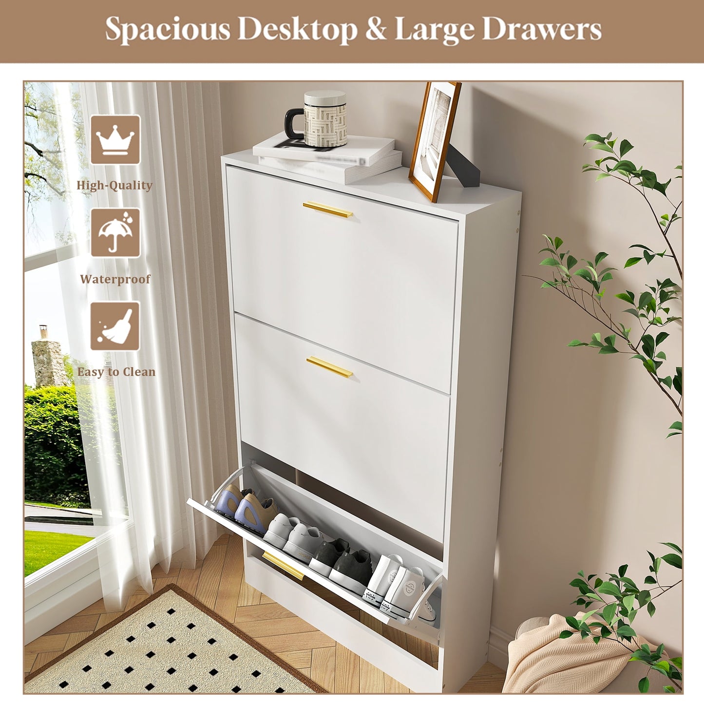 ASTUVIA Shoe Cabinet with 3 Flip Drawers,Narrow Hidden Shoe Storage for Entryway,Modern Freestanding Shoe Organizer Rack Holds 6-15 Pairs