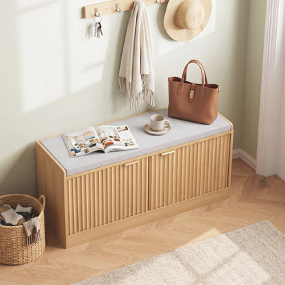 ASTUVIA Fluted Shoe Bench with Cushion, 2-Tier Shoe Storage Bench with Adjustable Shelves, Shoe Cabinet with Bench for Hallway