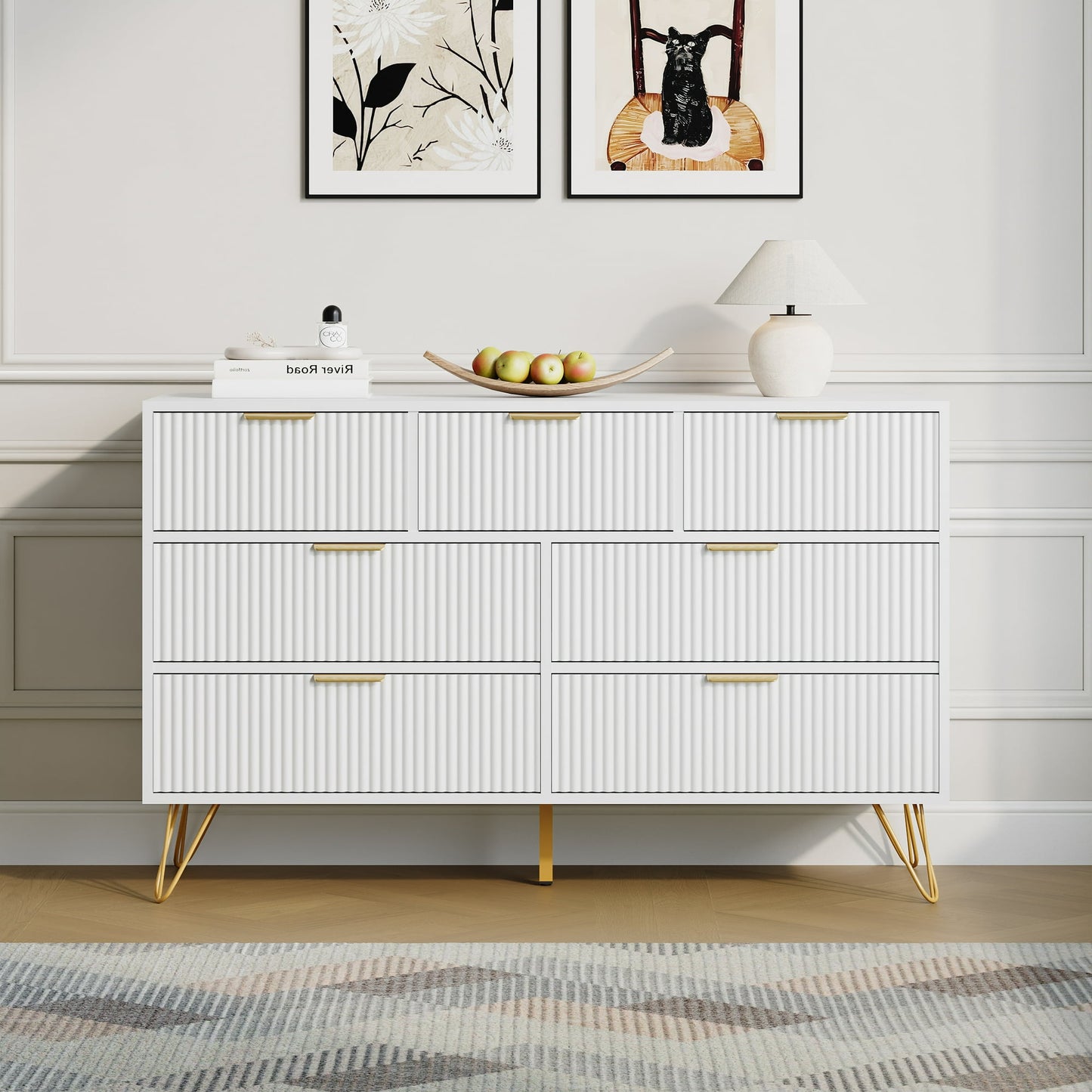 YouTrend White 7 Drawer Dresser with Fluted Wood and Metal Handles Legs for Bedroom Living Room Hallway