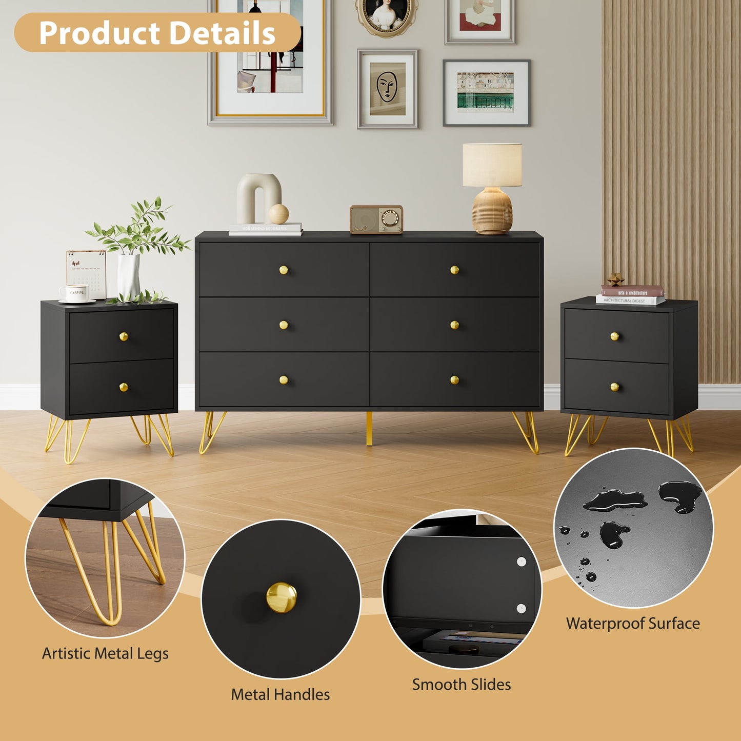 YouTrend Dresser and Nightstand sets,7 Drawer Dresser for Bedroom, 3 Piece Bedroom Dresser Set for Adult,Black