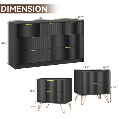 YouTrend 7 Drawer Dresser and Nightstand Sets for Bedroom,3 Piece Bedroom Dresser Set,Fluted Dressers and Nightstands, Modern Bedroom Set