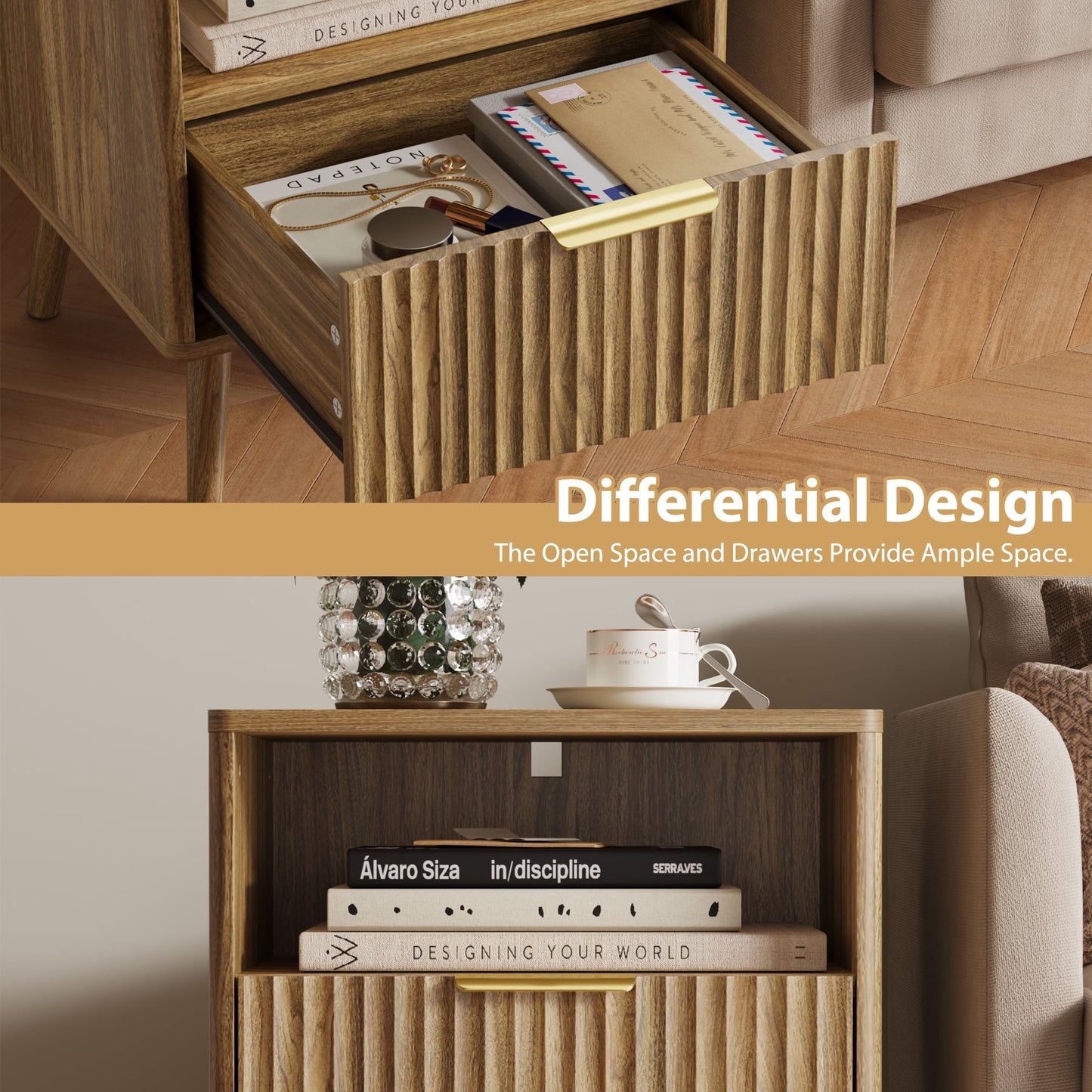 YouTrend Nightstands Set of 2 with Open Shelf,Beside Table with Fluted Design ,End Table with Solid Wood Legs for bedroom
